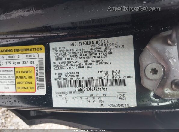 3FA6P0HD8LR256765 2020 FORD FUSION Dark Blue Vista del compartimento del motor