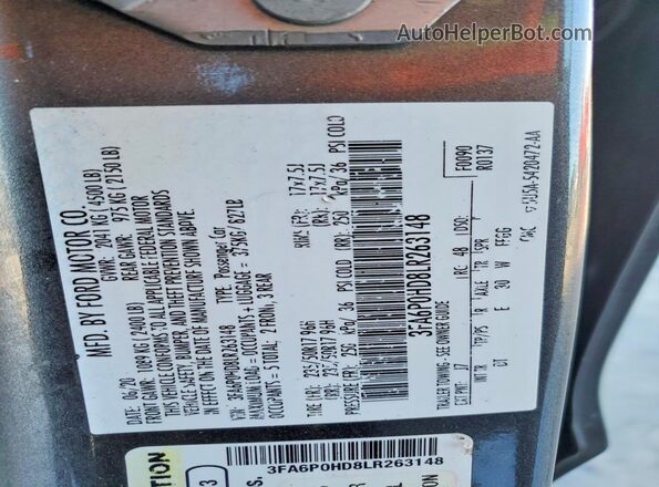 3FA6P0HD8LR263148 2020 FORD FUSION Charcoal ძრავის განყოფილების ხედი