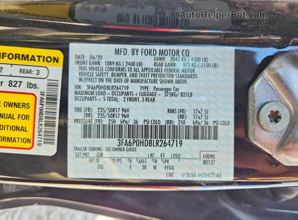 3FA6P0HD8LR264719 2020 FORD FUSION Black Vista del compartimento del motor