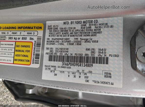 3FA6P0HD9GR134809 2016 FORD FUSION Серебряный Вид подкапотного пространства