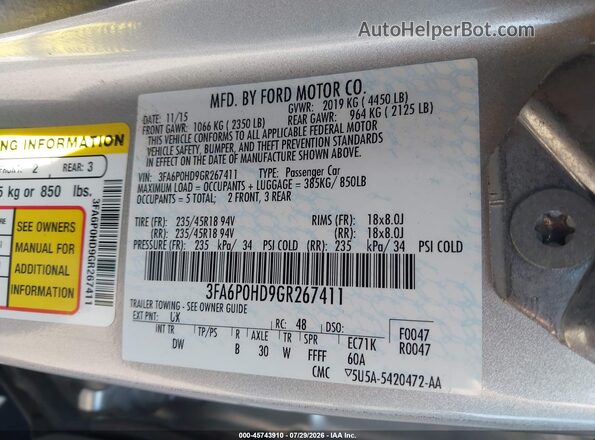3FA6P0HD9GR267411 2016 FORD FUSION Silver Vista del compartimento del motor