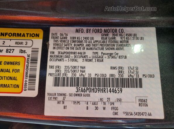 3FA6P0HD9HR144659 2017 FORD FUSION Gray Widok komory silnika