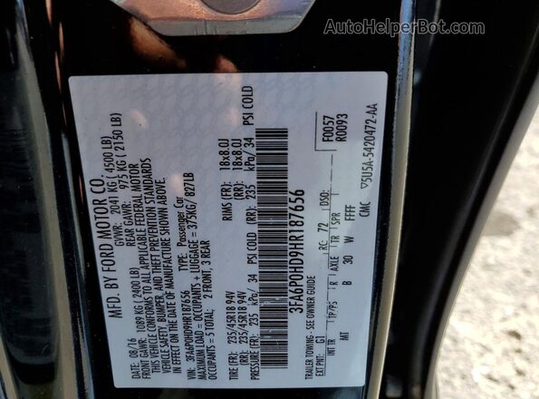 3FA6P0HD9HR187656 2017 FORD FUSION Black Vista del compartimento del motor