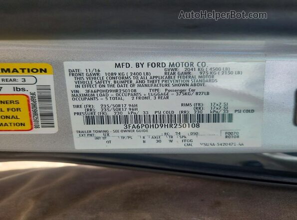 3FA6P0HD9HR250108 2017 FORD FUSION Silver Շարժիչի բաժամունքի տեսք
