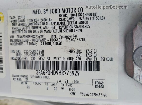 3FA6P0HD9HR275929 2017 FORD FUSION White Engine compartment view