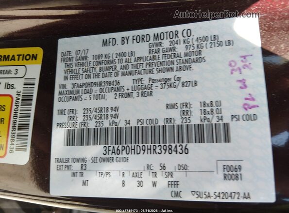 3FA6P0HD9HR398436 2017 FORD FUSION Бордовый Вид подкапотного пространства