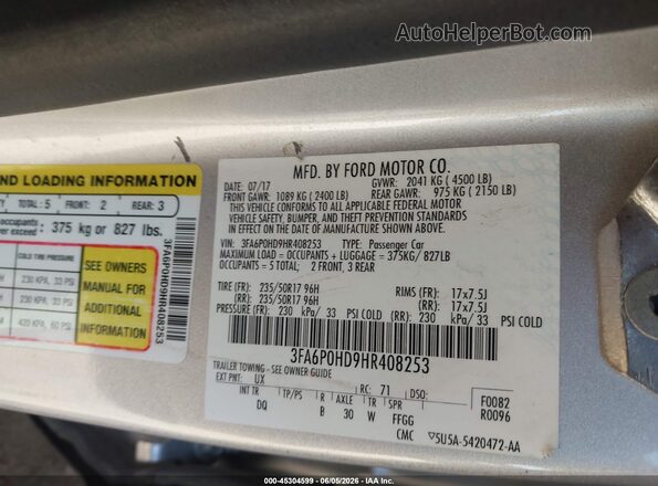 3FA6P0HD9HR408253 2017 FORD FUSION Gray Вид підкапотного простору