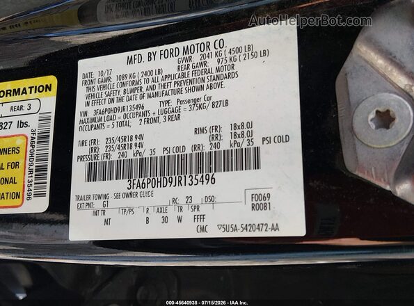 3FA6P0HD9JR135496 2018 FORD FUSION Black Engine compartment view