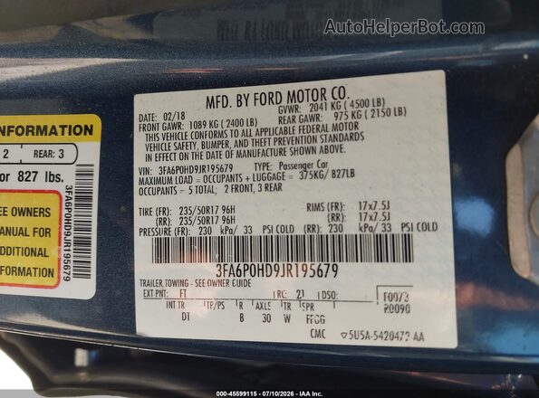 3FA6P0HD9JR195679 2018 FORD FUSION Синий Вид подкапотного пространства