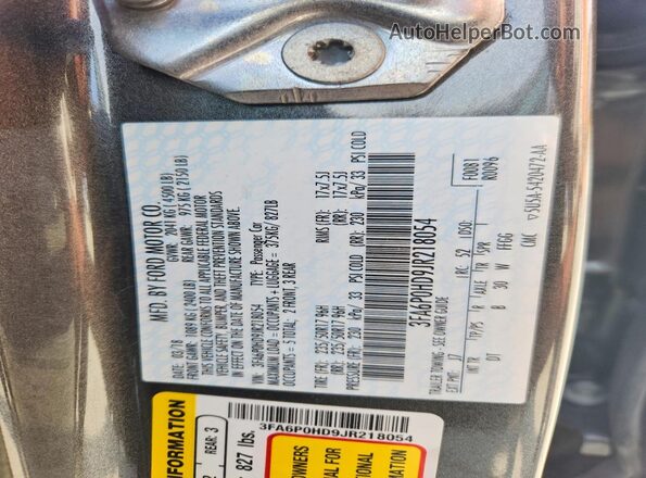 3FA6P0HD9JR218054 2018 FORD FUSION Серый Вид наклейки с VIN-кодом