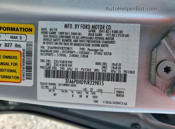 3FA6P0HD9JR229815 2018 FORD FUSION Silver Вид підкапотного простору