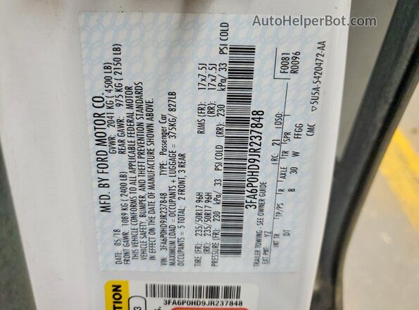 3FA6P0HD9JR237848 2018 FORD FUSION White Widok komory silnika
