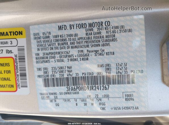 3FA6P0HD9JR241267 2018 FORD FUSION Silver Widok komory silnika