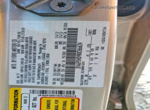 3FA6P0HD9KR266624 2019 FORD FUSION Серебряный Вид подкапотного пространства