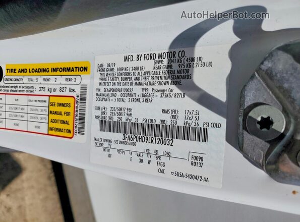 3FA6P0HD9LR120032 2020 FORD FUSION White Vista del compartimento del motor