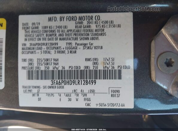 3FA6P0HD9LR128499 2020 FORD FUSION Gray Вид підкапотного простору