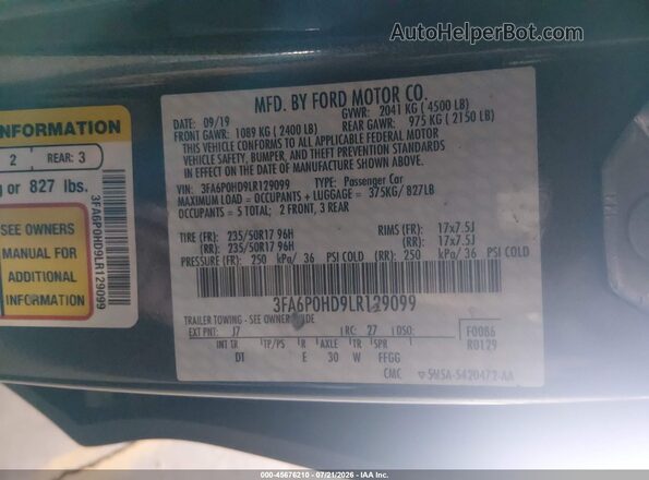 3FA6P0HD9LR129099 2020 FORD FUSION Gray Вид підкапотного простору