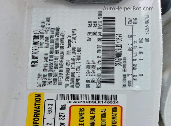 3FA6P0HD9LR140524 2020 FORD FUSION White Շարժիչի բաժամունքի տեսք