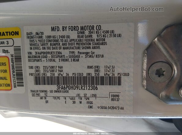 3FA6P0HD9LR212306 2020 FORD FUSION White Widok komory silnika