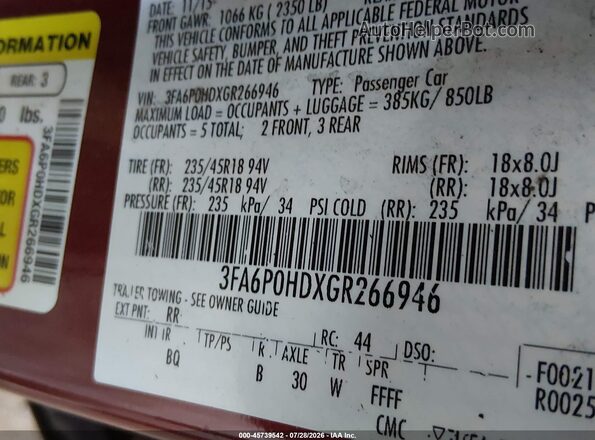 3FA6P0HDXGR266946 2016 FORD FUSION Red Engine compartment view