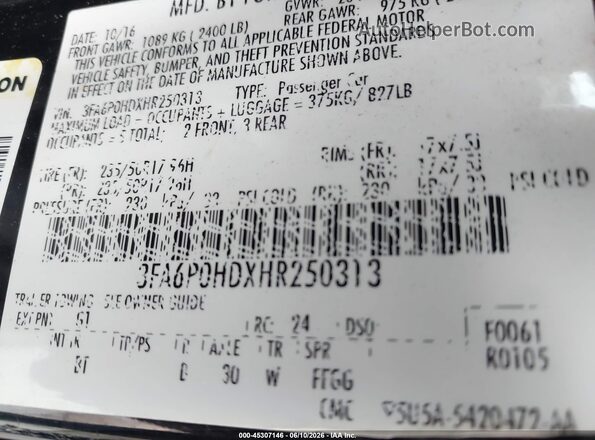 3FA6P0HDXHR250313 2017 FORD FUSION Black Вид підкапотного простору