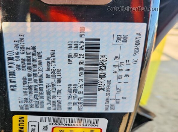 3FA6P0HDXHR347804 2017 FORD FUSION Black Вид підкапотного простору