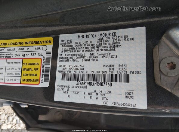 3FA6P0HDXHR407760 2017 FORD FUSION Gray ძრავის განყოფილების ხედი