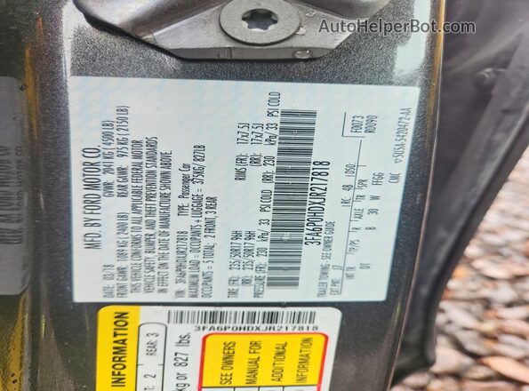 3FA6P0HDXJR217818 2018 FORD FUSION Gray Widok komory silnika