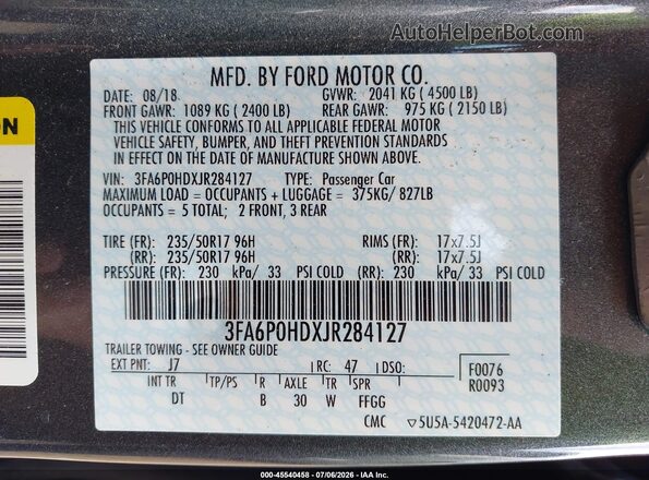 3FA6P0HDXJR284127 2018 FORD FUSION Gray Engine compartment view