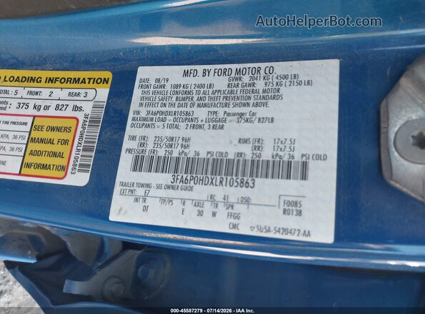 3FA6P0HDXLR105863 2020 FORD FUSION Синий Вид подкапотного пространства