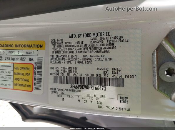 3FA6P0K90HR166473 2017 FORD FUSION White Widok komory silnika