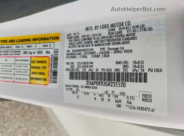 3FA6P0K92GR235520 2016 FORD FUSION Белый Вид подкапотного пространства