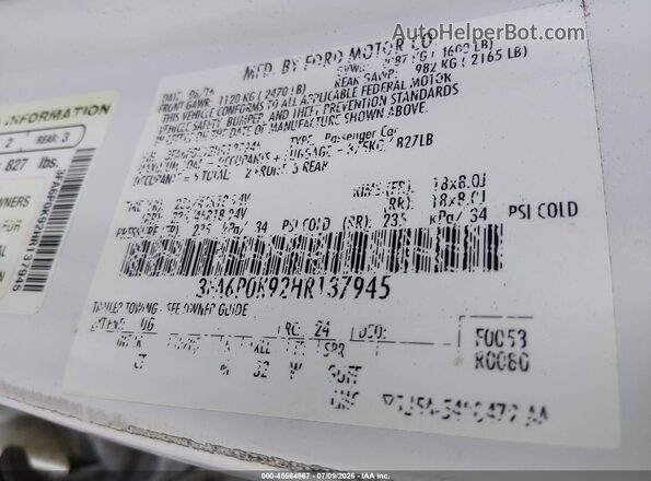 3FA6P0K92HR137945 2017 FORD FUSION White Շարժիչի բաժամունքի տեսք
