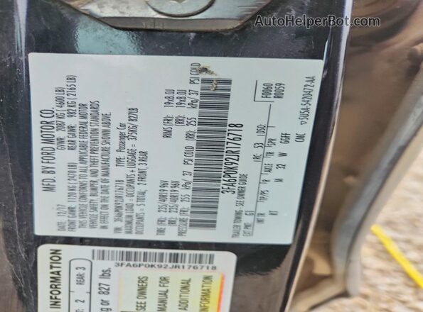 3FA6P0K92JR176718 2018 FORD FUSION Black Вид наклейки з VIN-кодом