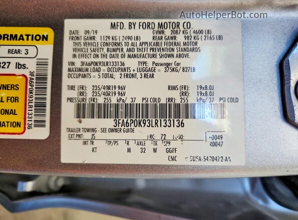 3FA6P0K93LR133136 2020 FORD FUSION Silver Вид підкапотного простору