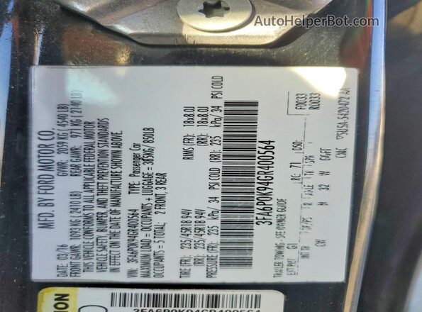 3FA6P0K94GR400564 2016 FORD FUSION Black Вид підкапотного простору