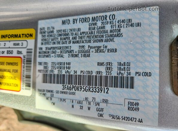 3FA6P0K95GR333912 2016 FORD FUSION Silver VIN კოდის სტიკერის ხედი