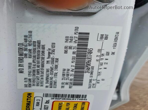 3FA6P0K96LR174845 2020 FORD FUSION White Вид підкапотного простору