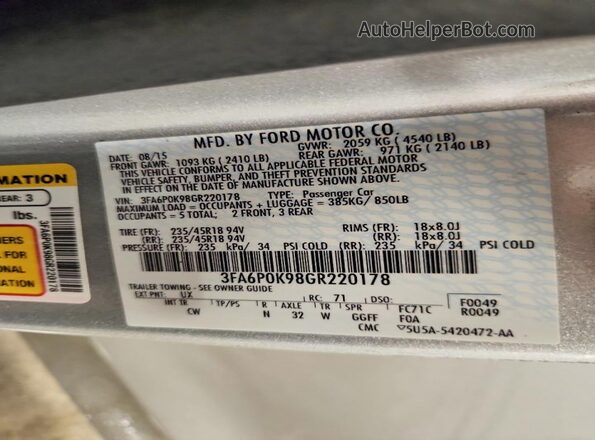 3FA6P0K98GR220178 2016 FORD FUSION Silver Շարժիչի բաժամունքի տեսք