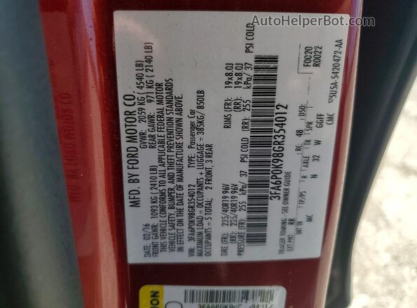 3FA6P0K98GR354012 2016 FORD FUSION Maroon Vista del compartimento del motor