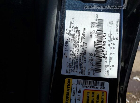 3FA6P0K98LR110905 2020 FORD FUSION Blue Widok komory silnika