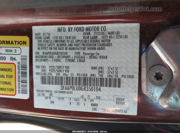 3FA6P0LU0GR350104 2016 FORD FUSION HYBRID Burgundy Вид підкапотного простору