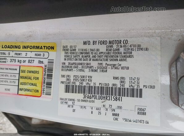 3FA6P0LU0HR315841 2017 FORD FUSION HYBRID White Engine compartment view