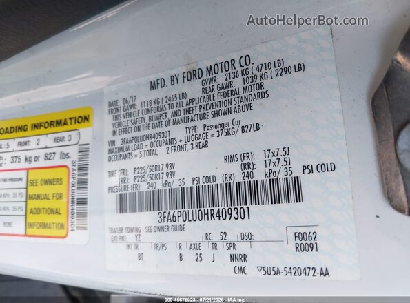 3FA6P0LU0HR409301 2017 FORD FUSION HYBRID White ძრავის განყოფილების ხედი