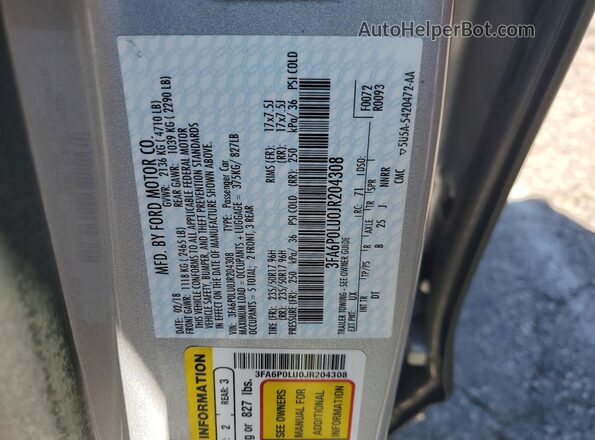 3FA6P0LU0JR204308 2018 FORD FUSION White ძრავის განყოფილების ხედი