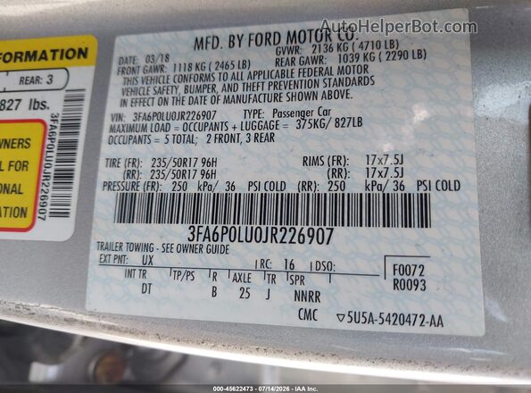 3FA6P0LU0JR226907 2018 FORD FUSION HYBRID Silver ძრავის განყოფილების ხედი