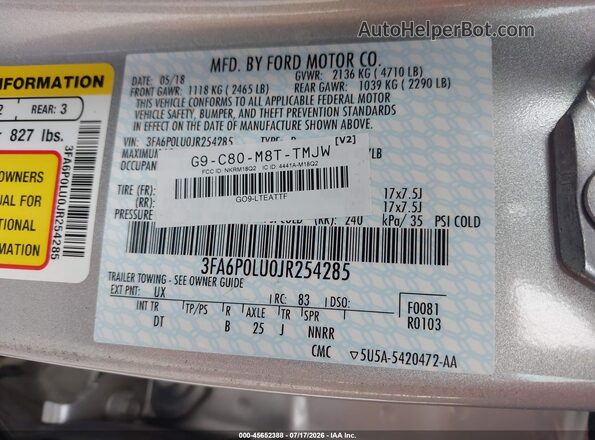 3FA6P0LU0JR254285 2018 FORD FUSION HYBRID Silver Շարժիչի բաժամունքի տեսք