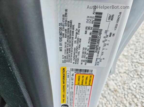 3FA6P0LU0KR254840 2019 FORD FUSION White Widok naklejki z numerem VIN