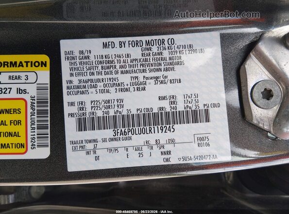 3FA6P0LU0LR119245 2020 FORD FUSION Gray Vista del compartimento del motor