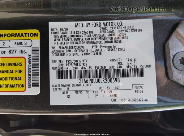 3FA6P0LU0LR200598 2020 FORD FUSION Gray Vista del compartimento del motor